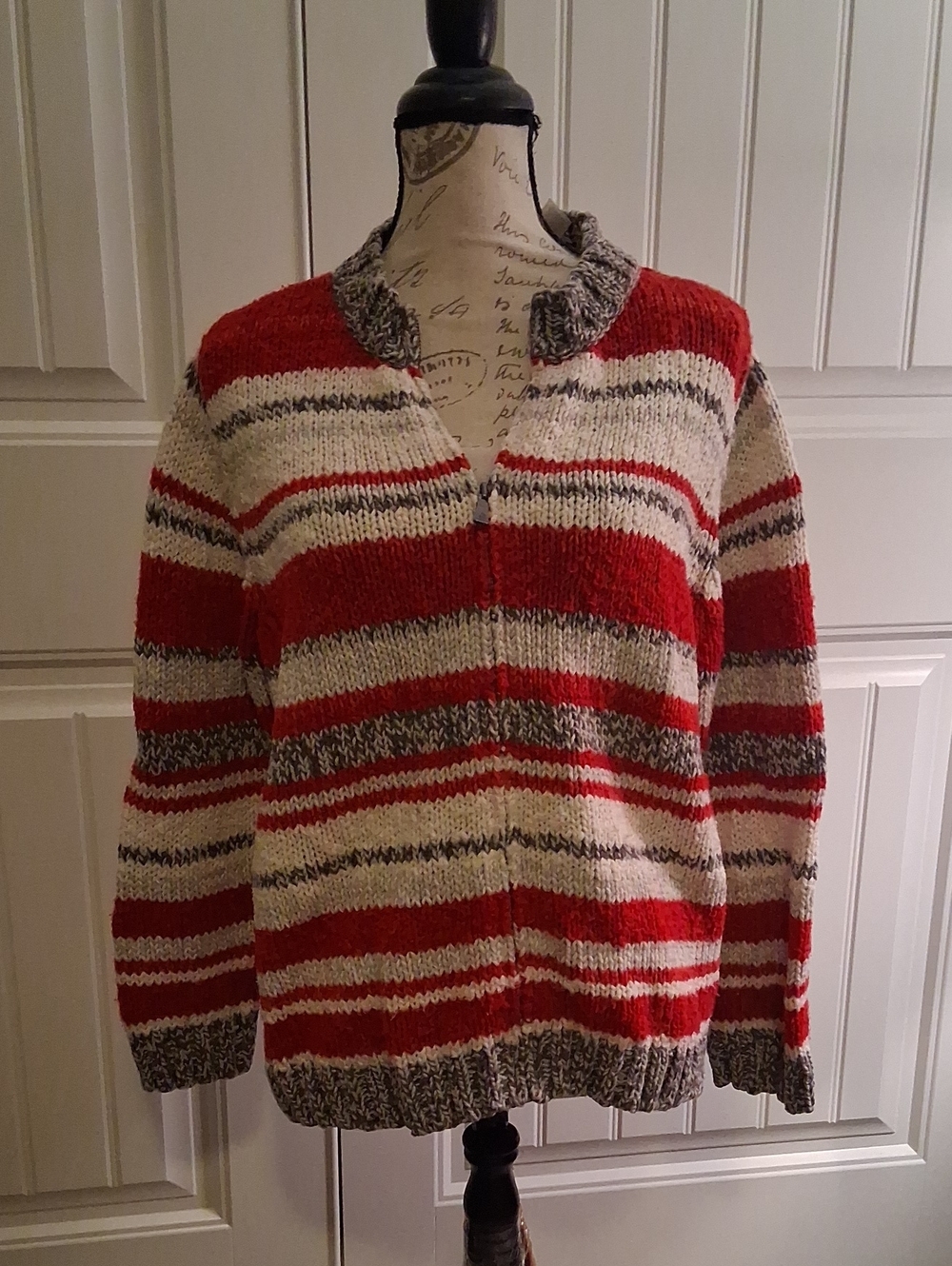 Liz Claiborne Zip Up Red, Gray and Cream Marled Knit Sweater